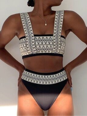 Elysiian Catalina Bikini Set Black Woven Embroidered Geometric SzS